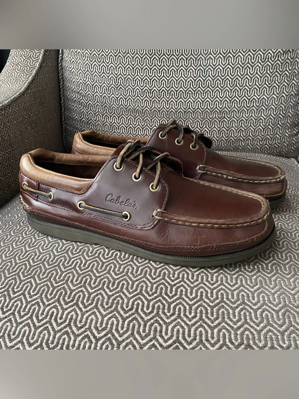Cabelas Leather Boat Shoes Brown Moc Toe Lace Up Mens 11 Vibram Outsole Topsider
